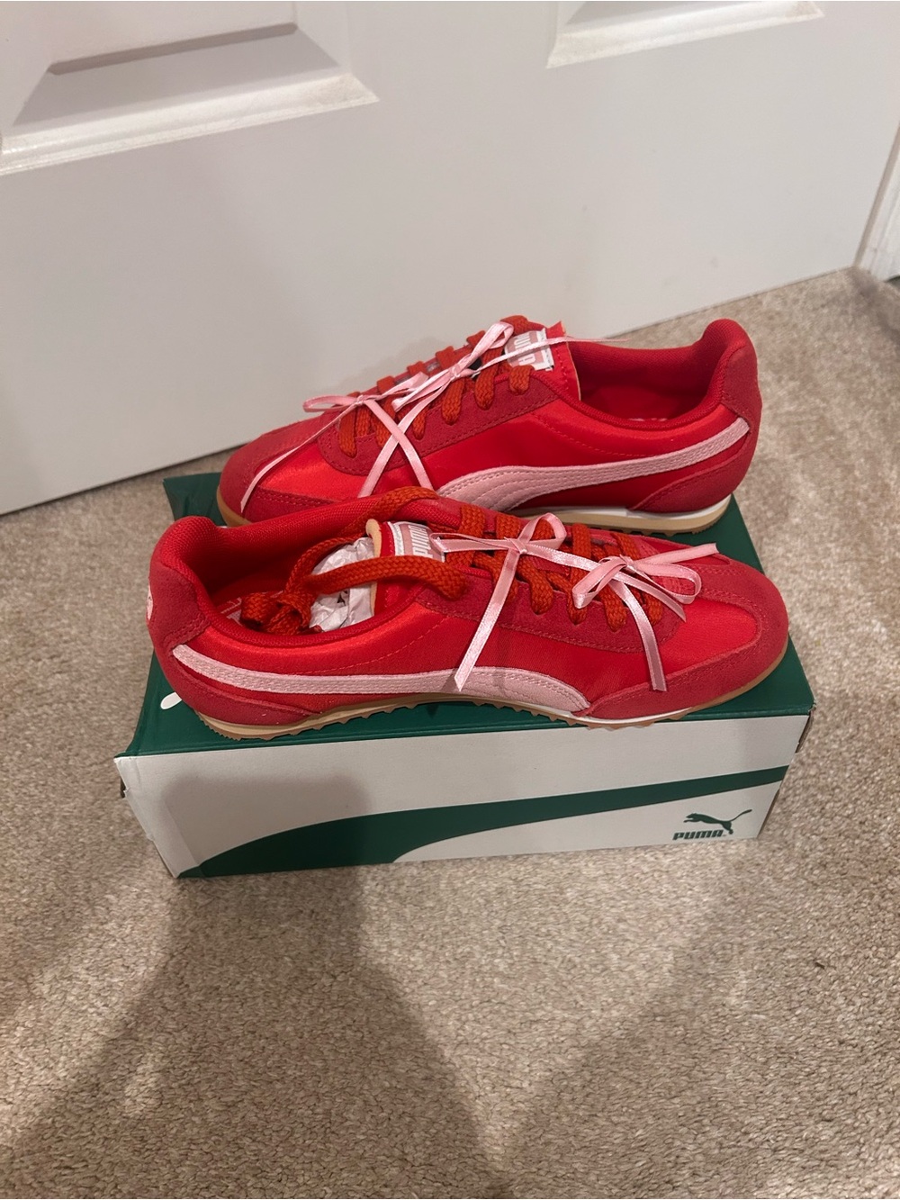 New Puma Palermo Red Suede Sneakers Pink Ribbon Laces Gum Sole Women’s 6.5